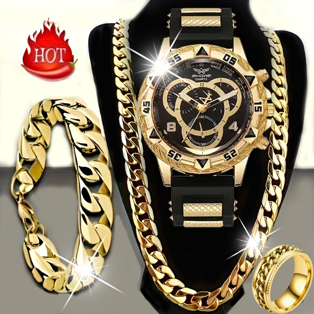 Mystery Jewelry Jar Watches - 4‑Piece Luxury Men’s Watch and Jewelry